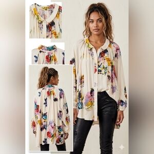 Free People Meadow Lark Tunic Top in Cream Floral Crepe Oversized Med - XL